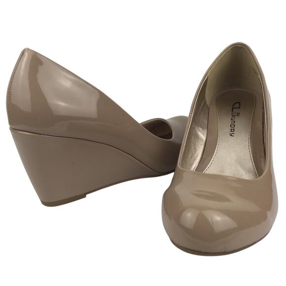 CL By Laundry Nima Wedge Pump Cream Nude Patent Faux Leather US 7W EU 37.5W Wide - Picture 1 of 15